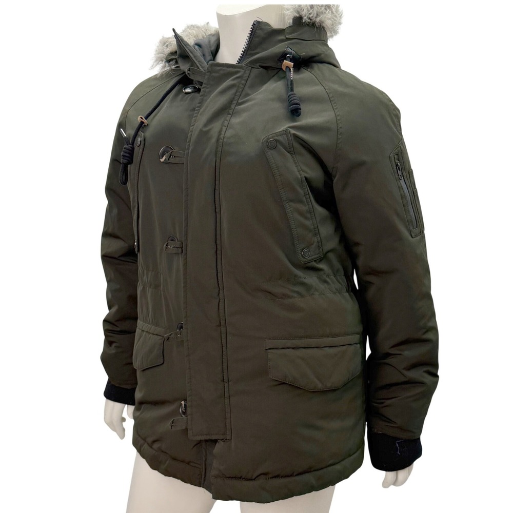George Parka Jacket Olive Green Faux Fur Hood Military Utility Gorpcore‎ Medium